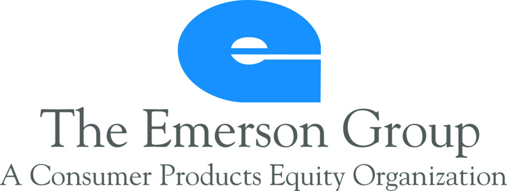 The Emerson Group logo. A stylized blue 'e' sits above a line thats says 'the emerson group' then another line below that says 'a consumer products equity organization'