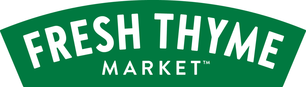 Fresh Thyme Market logo. Green background with white lettering. 'Fresh Thyme' is larger and curved over the work 'Market'.
