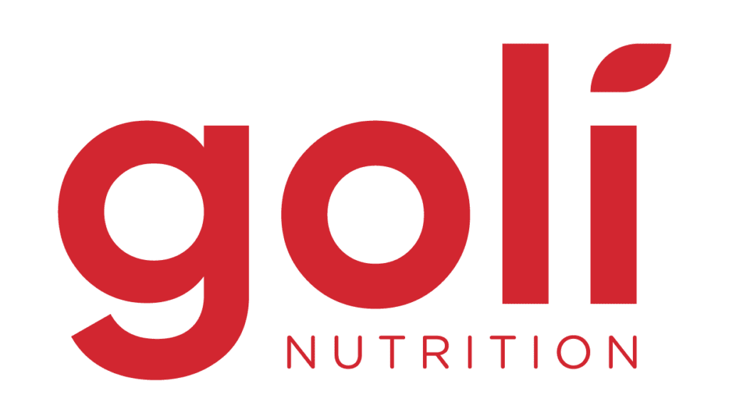 Goli Nutrition logo. Rendered in red lettering with a leaf replacing the dot over the 'i' in 'goli'