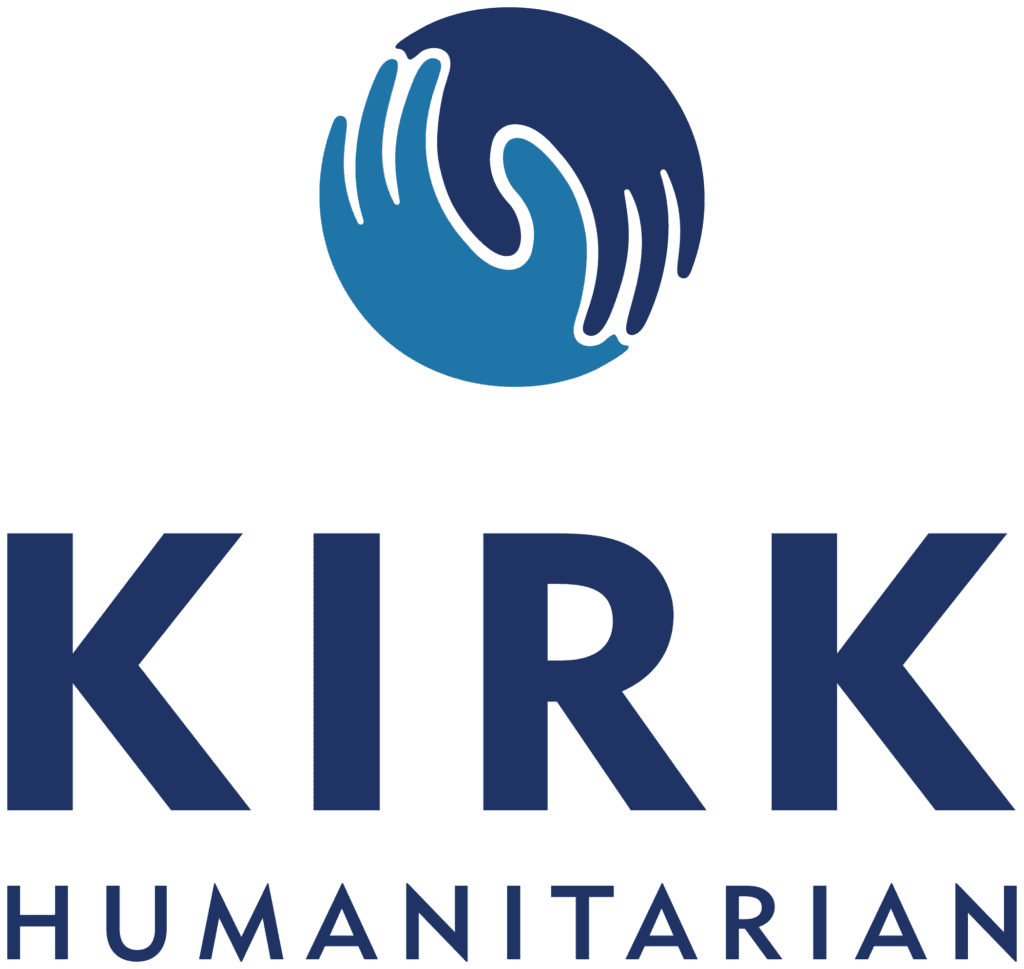 The Kirk Humanitarian logo with navy blue lettering. Above the lettering is a circle styled to look like two clasped hands, one in dark and one in lighter blue.