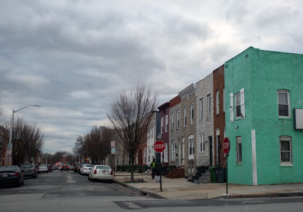 Street with a row of houses in Maryland.