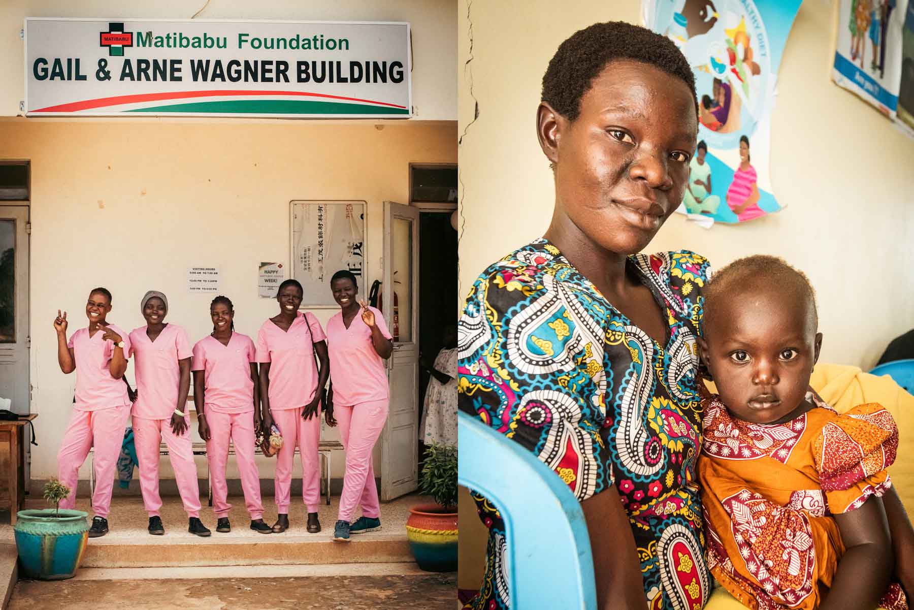 A group of five Boda Girls stands outside the Matibabu Foundation smiling and making a peace sign and a mother and daugher sit in a chair.