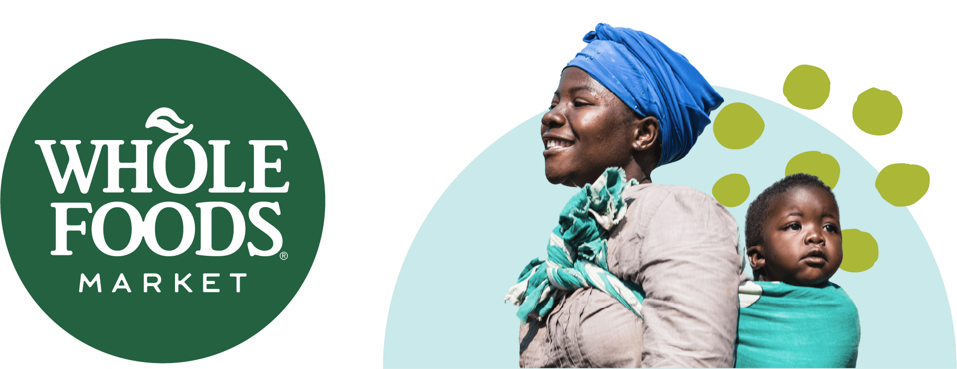 Whole Foods Market logo in green with mother in blue head wrap carrying infant child.