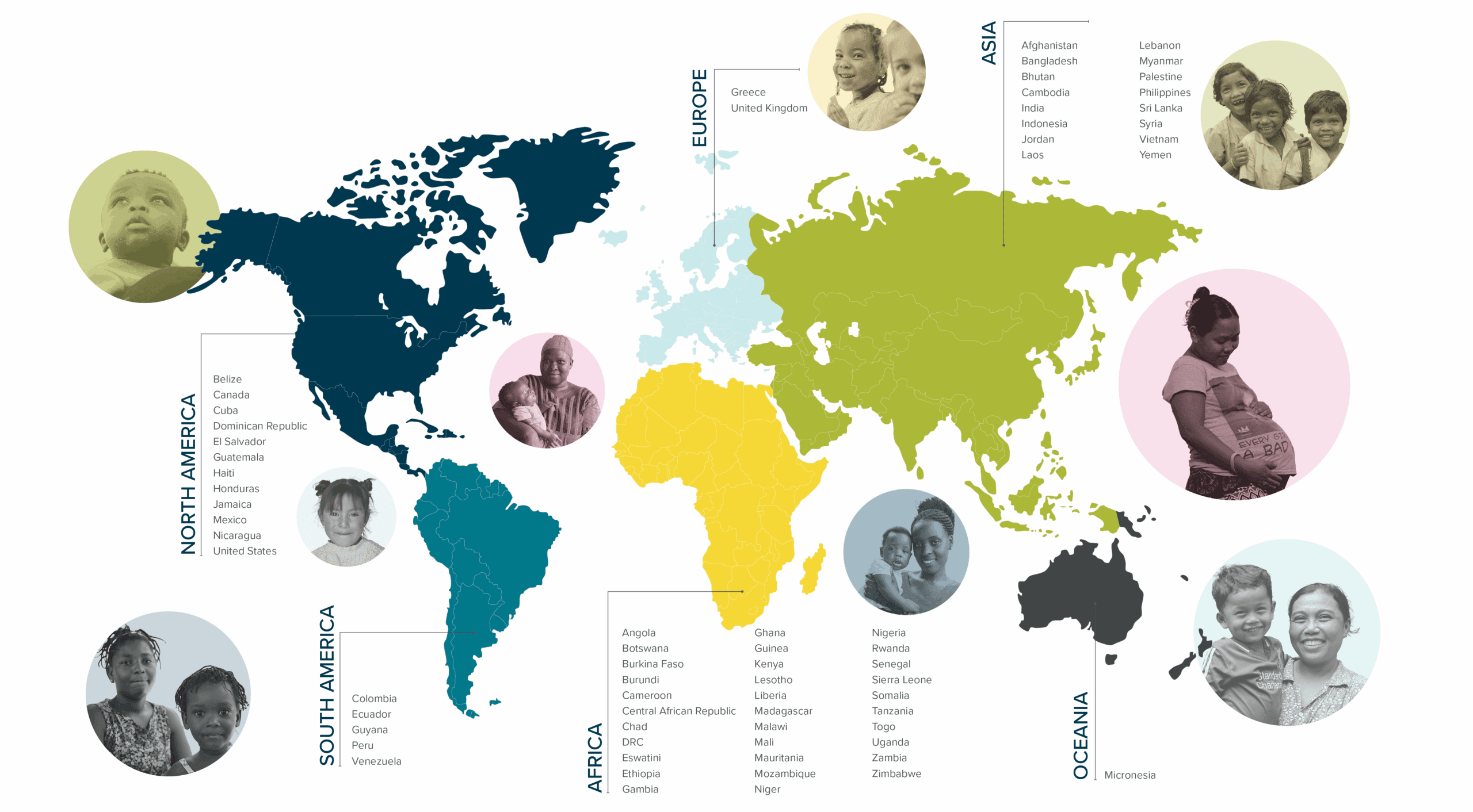 Color map of where Vitamin Angels works around the world, with the following regions highlighted: North America, South America, Europe, Africa, Asia, and Oceania.