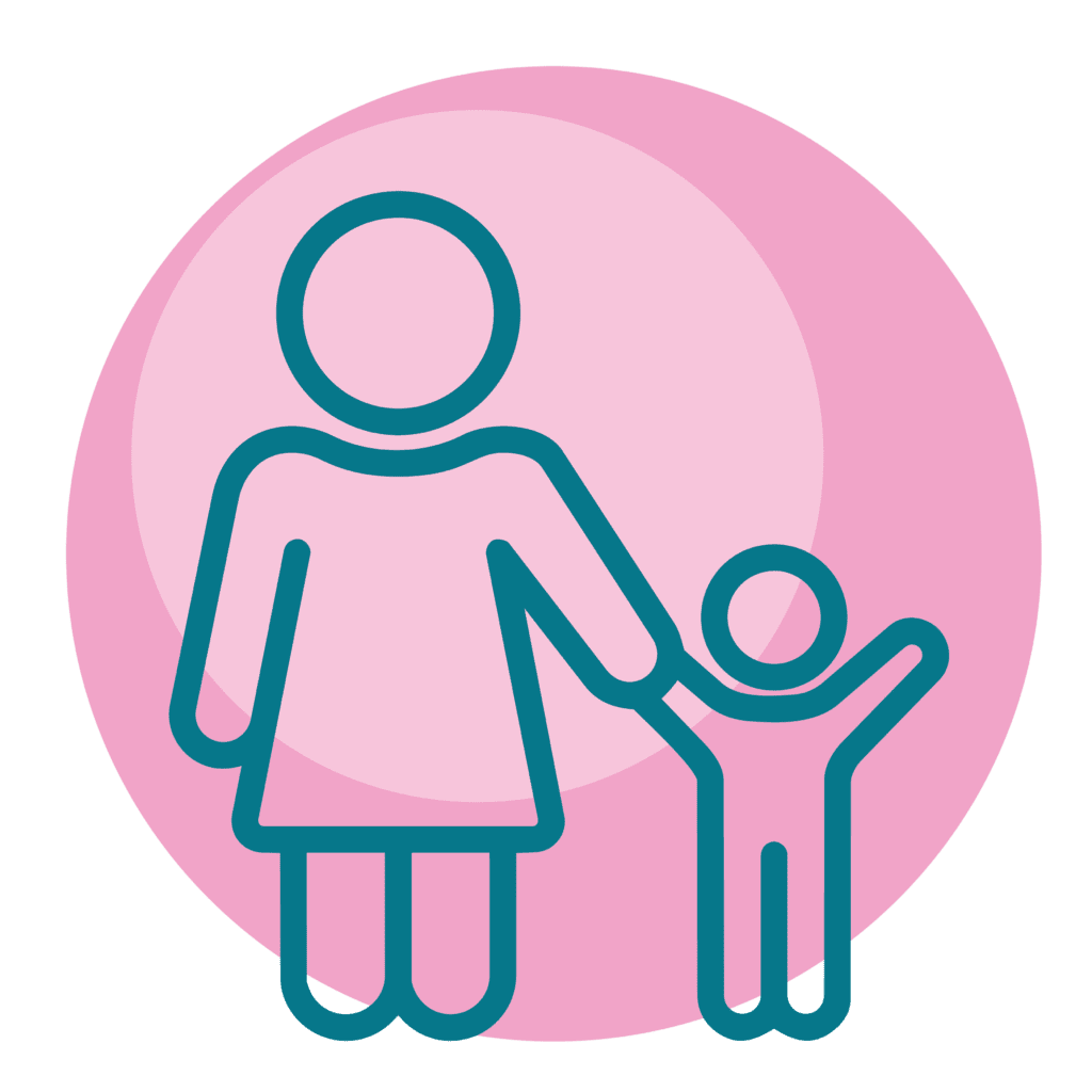 Pink icon of woman holding small child's hand.