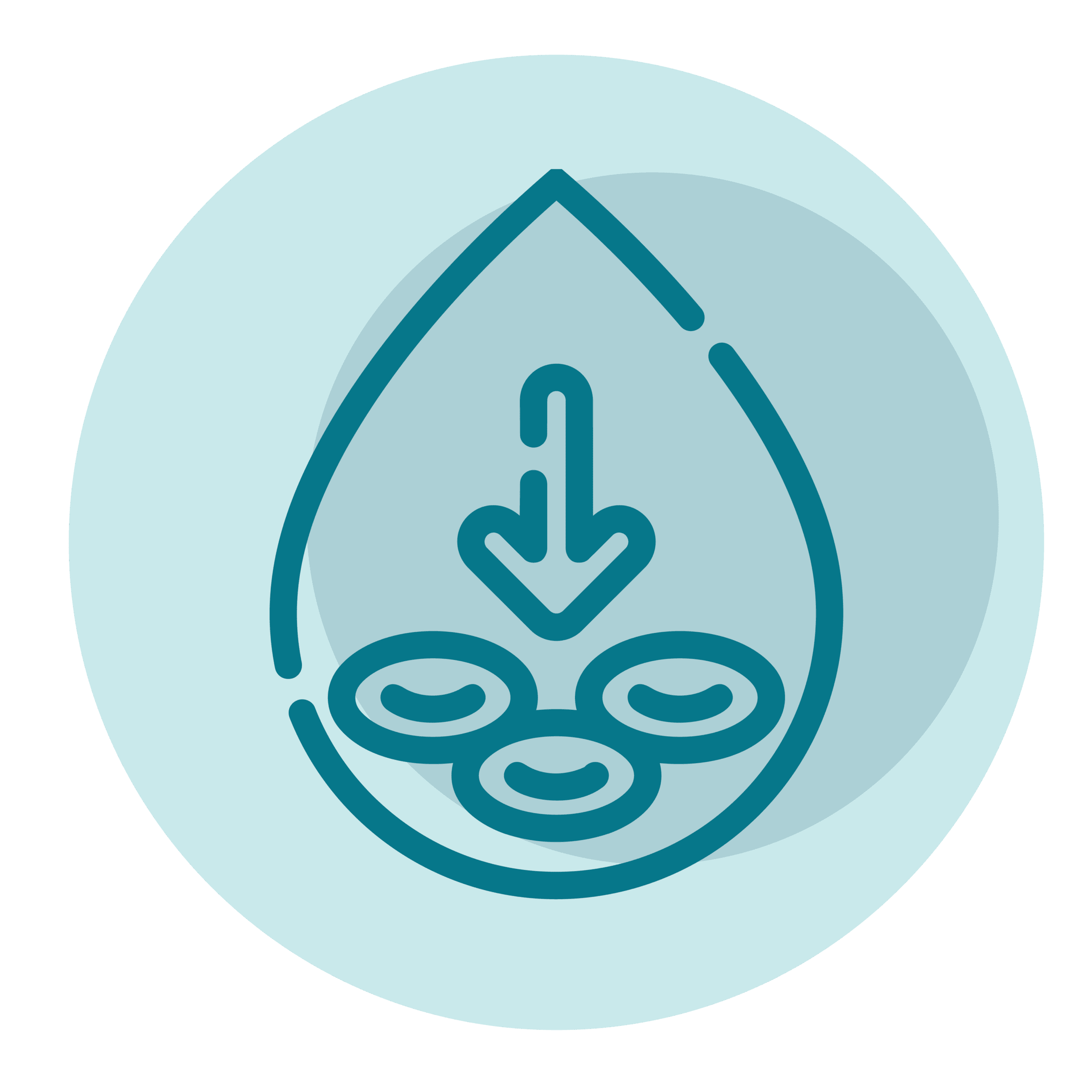 Blue icon of a droplet containing a down arrow and three tablets.